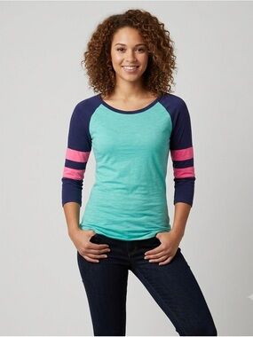 Rue21 Teal & Navy Raglan 3/4 Sleeve Top with Pink Stripes Size M